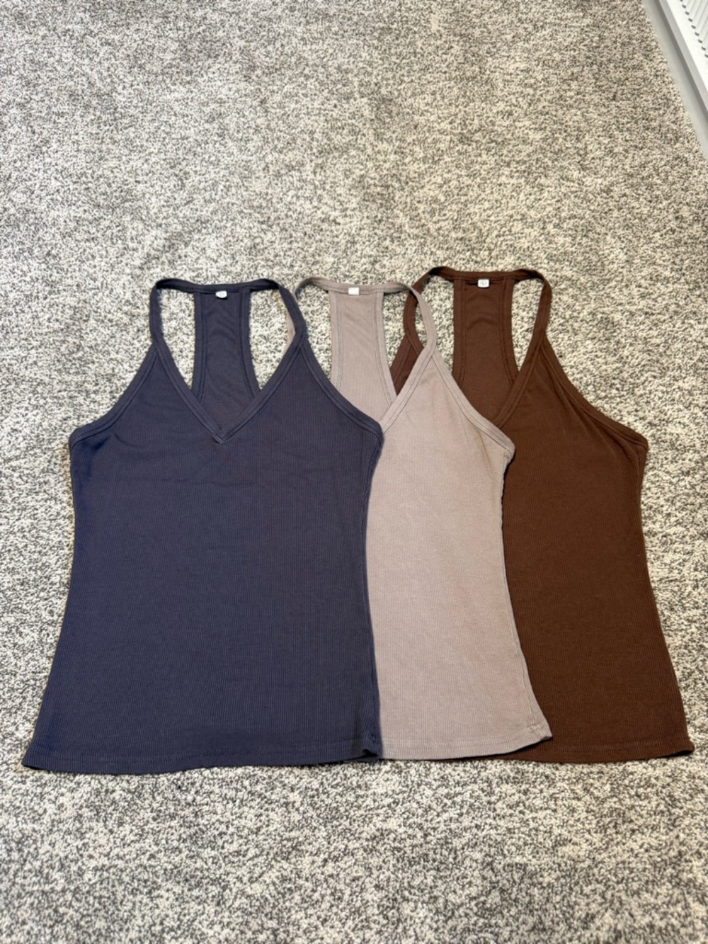 Women’s Ribbed V-Neck Racerback Tank - 3 pack - Gray, Taupe, & Brown